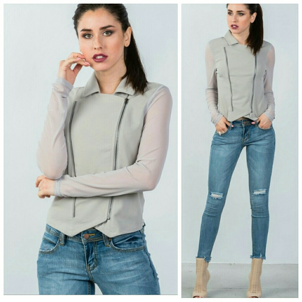 Gray Zipper Moto Jacket w Sheer Sleeves